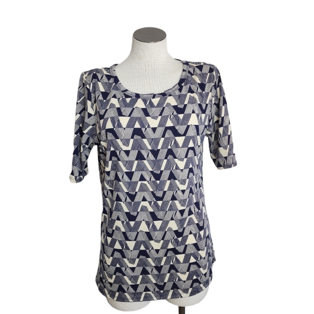 LulaRoe Retro Print Crew Neck Short Sleeve Blue & Cream Women's Top Size L NWOT
